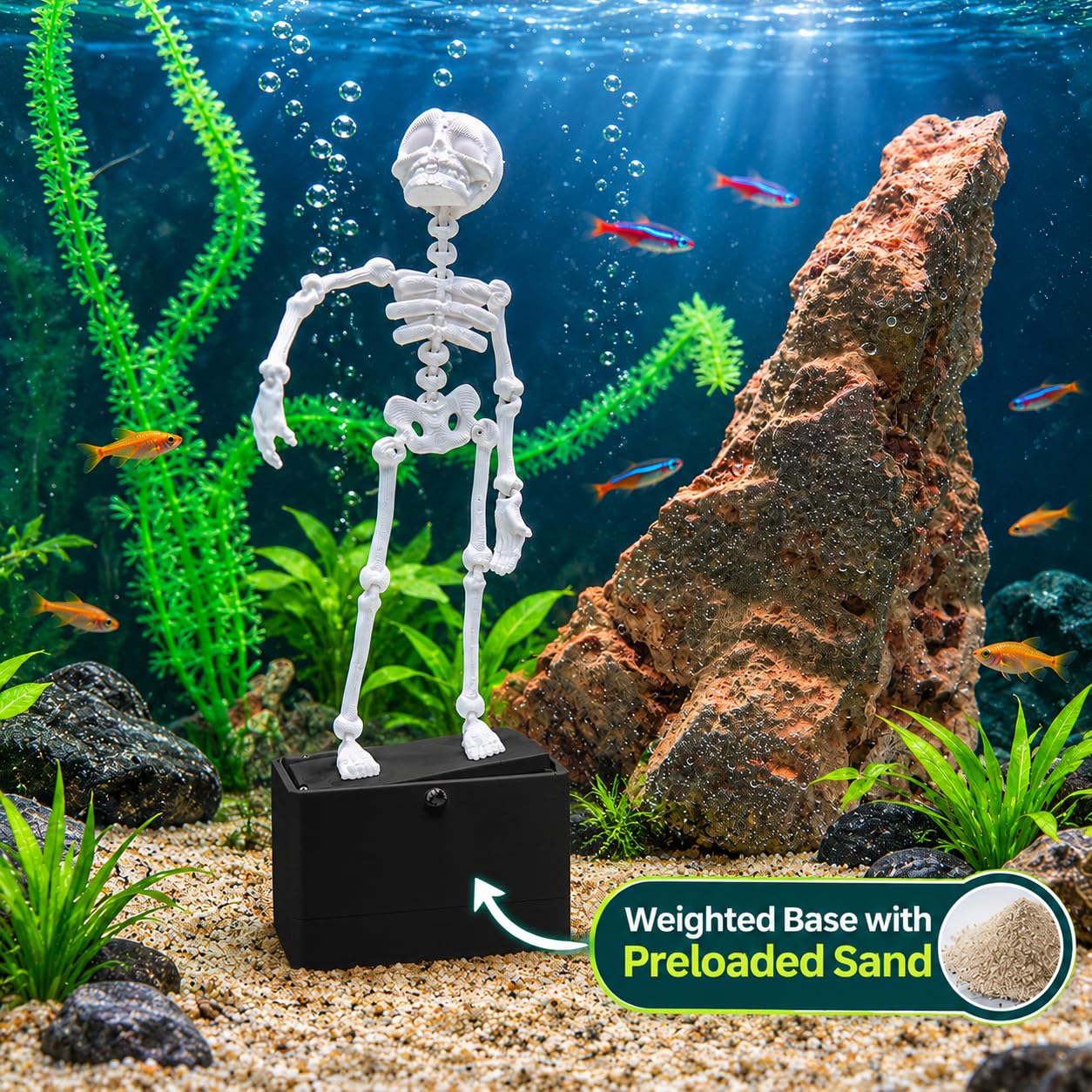 Dancing Skeleton Aquarium Ornament | Self-Balancing Floating Skeleton Decoration for Fish Tank | Unique 3D Printed Aquarium Decor | Safe for Freshwater & Saltwater Tanks | Black